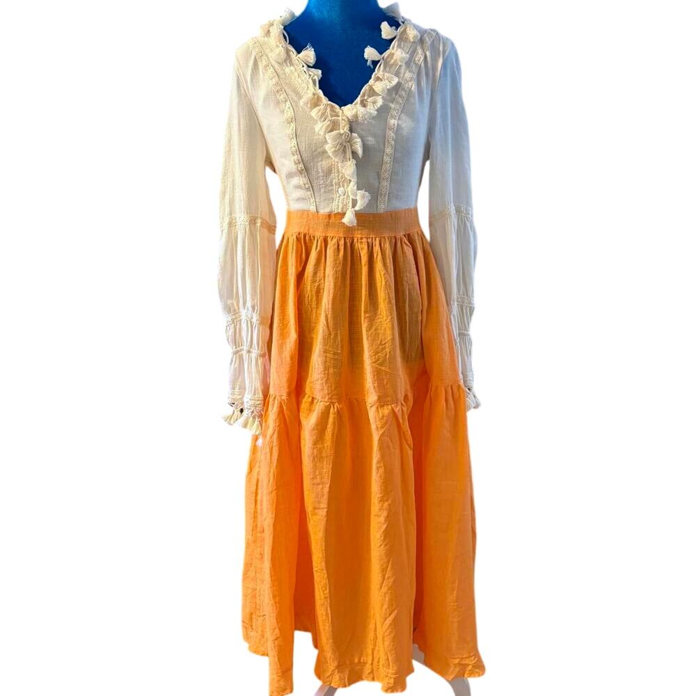 Vintage 60's Ruffled Tasseled Maxi Dress Lace Boho Peasant Rustic Grunge